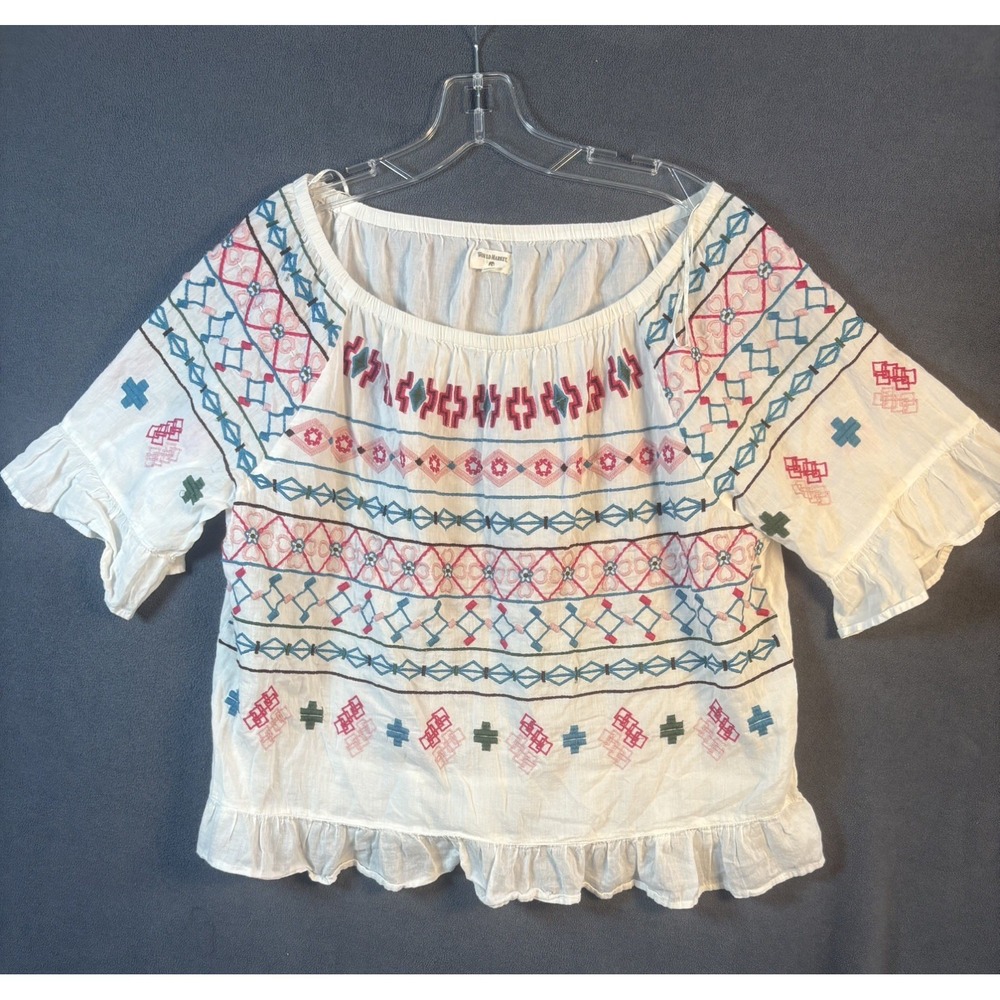 World Market Embroidered Peasant Blouse White Boho Off Shoulder Top L/XL